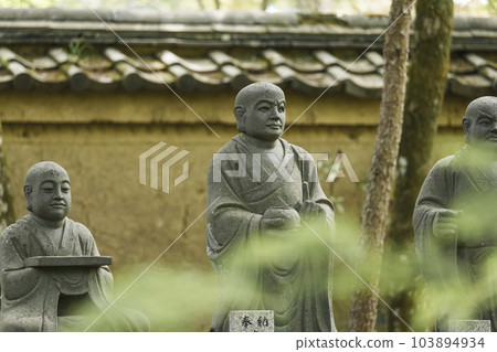 Hogon-in Temple Arashiyama, Kyoto Shishiku Garden, Rakan statues lined up in front of the earthen wall 103894934