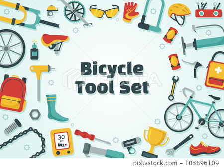 Cycling and Bicycle Tool Set Vector Illustration of a Mechanic Repairing Bicycles in a Workshop with Spare Parts in Flat Cartoon Hand Drawn Template Cycling and Bicycle Tool Set Vector Illustration of a Mechanic Repairing Bicycles in a Workshop with Spare Parts in Flat Cartoon Hand Drawn Template 103896109