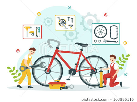 Cycling and Bicycle Tool Set Vector Illustration of a Mechanic Repairing Bicycles in a Workshop with Spare Parts in Flat Cartoon Hand Drawn Template 103896116