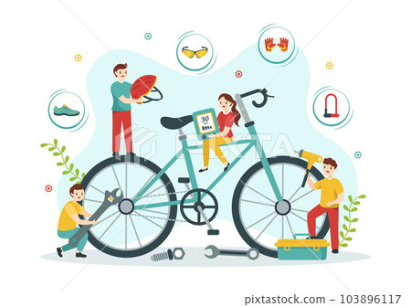 Cycling and Bicycle Tool Set Vector Illustration of a Mechanic Repairing Bicycles in a Workshop with Spare Parts in Flat Cartoon Hand Drawn Template Cycling and Bicycle Tool Set Vector Illustration of a Mechanic Repairing Bicycles in a Workshop with Spare Parts in Flat Cartoon Hand Drawn Template 103896117