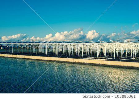 太陽能共享 農田與太陽能發電 稻田和遠處的積雨雲和藍天 強調暖色和冷色 太陽能共享 農田與太陽能發電 稻田和遠處的積雨雲和藍天 強調暖色和冷色 103896361