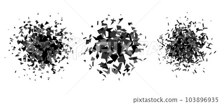 Set of debris and shatters in radial shape. Black and grey broken pieces, specks, speckles and particles. Abstract explosion and burst textured elements collection. Vector illustration Set of debris and shatters in radial shape. Black and grey broken pieces, specks, speckles and particles. Abstract explosion and burst textured elements collection. Vector illustration 103896935
