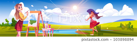 Woman pose near lake for artist with easel vector 103898894