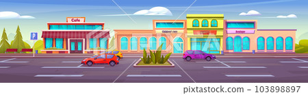 Parking lot with cars near shopping mall in city Parking lot with cars near shopping mall in city 103898897