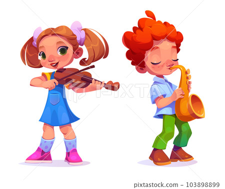 Kid orchestra play music instrument on sax, violin 103898899