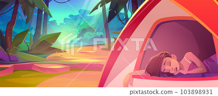 Woman sleep in camping tent in jungle forest 103898931