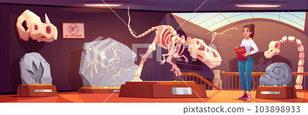 Woman guide in museum with fossil dinosaur vector Woman guide in museum with fossil dinosaur vector 103898933