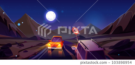 Cars driving night mountain desert road Cars driving night mountain desert road 103898954