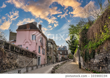 Paris France, sunrise city skyline at architecture building on Montmartre street 103900194