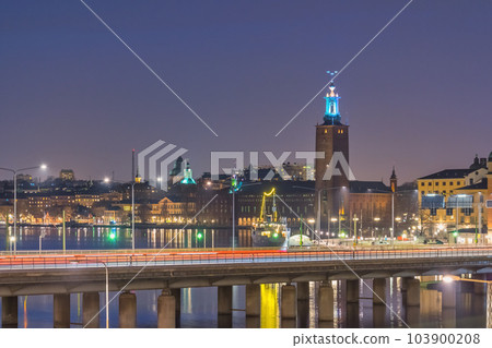 Stockholm Sweden, night city skyline at Stockholm City Hall and Gamla Stan Stockholm Sweden, night city skyline at Stockholm City Hall and Gamla Stan 103900208