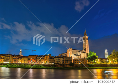 Verona Italy, night city skyline at Adige river and Basilica di Santa Anastasia 103900212