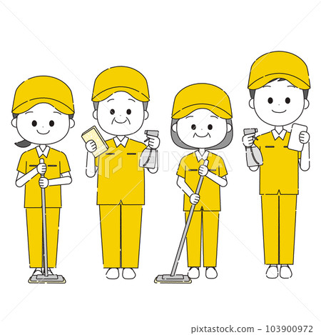 Multi-generational staff with cleaning tools, simple colors Multi-generational staff with cleaning tools, simple colors 103900972