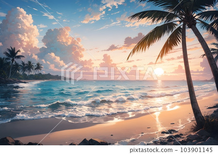 黃昏海灘與棕櫚樹夏季海上度假插畫 103901145