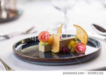 Homemade duck pate with ornamental vegetables and preserved pickle 103901192