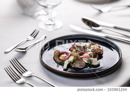 Duck liver pate with onion, mustard seeds, cauliflower, and raddish 103901204