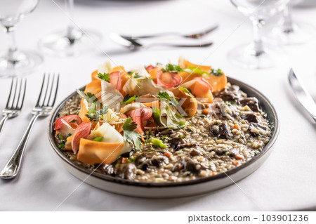 Plate full of creamy aroborio rice mushroom risotto with stripes of root vegetables 103901236