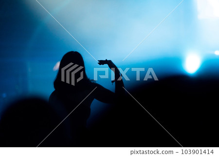 Silhouette of concert crowd in front of bright stage lights 103901414