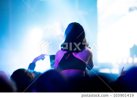 Silhouette of concert crowd in front of bright stage lights Silhouette of concert crowd in front of bright stage lights 103901419