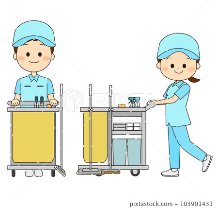 清潔車和微笑的清潔人員 清潔車和微笑的清潔人員 103901431