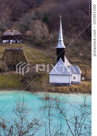 Orthodox church and drowned cemetery. Waste lake with cyanide pollution 103901500