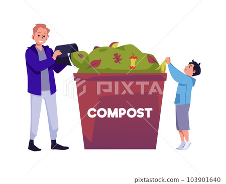 Vector illustration isolated of man with a boy throw away organic food into a compost bin. Recycling, Zero wast concept 103901640