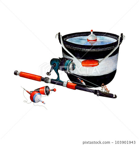 Watercolor drawing set of fishing bucket, black and white with red handle. Full of water with a bobbler floating in the middle and with various floaters and spinning rod with line. For logo, stickers 103901943