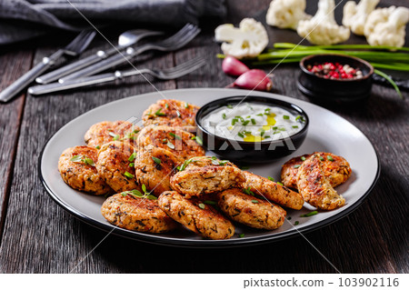 cauliflower patties on plate with yogurt sauce 103902116