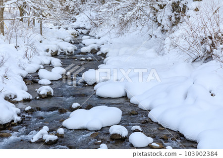 Image of river covered with snow in the middle of winter 103902384