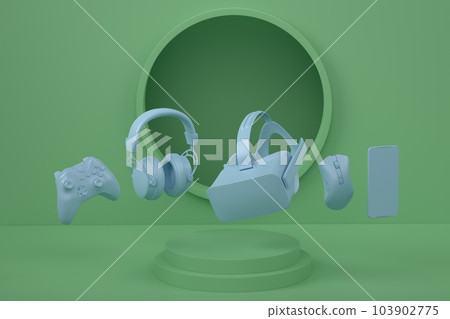 Set of video game joystick, VR glasses and headphones on monochrome podium 103902775