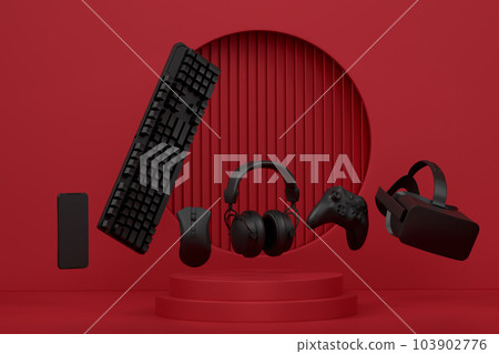 Set of video game joystick, VR glasses and headphones on monochrome podium 103902776