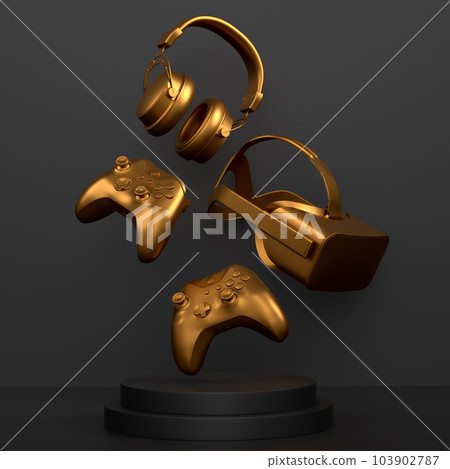 Set of video game joystick, VR glasses and headphones on monochrome podium Set of video game joystick, VR glasses and headphones on monochrome podium 103902787