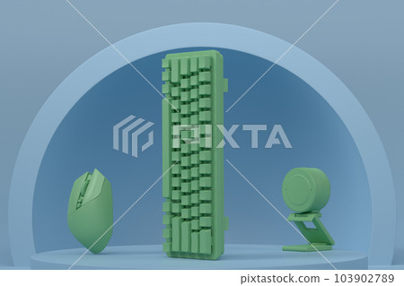 Set of mouse, keyboard and web camera on monochrome podium Set of mouse, keyboard and web camera on monochrome podium 103902789