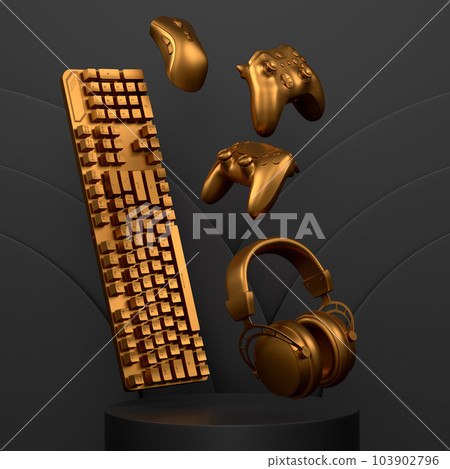 Set of video game joystick, keyboard, mouse and headphones on monochrome podium 103902796