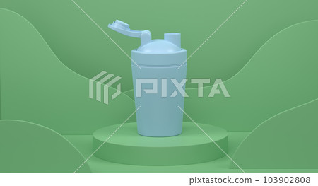 Plastic sport shaker on cylinder podium with steps on monochrome background Plastic sport shaker on cylinder podium with steps on monochrome background 103902808