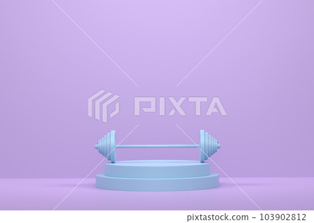 Barbell with metal disks on cylinder podium with steps on monochrome background 103902812