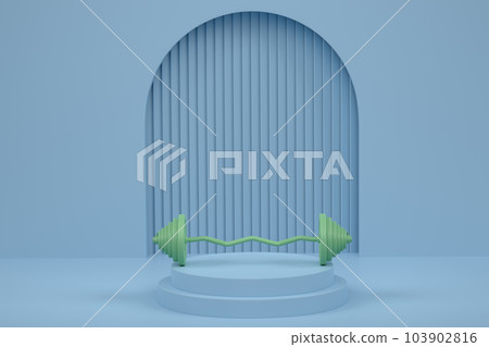 Barbell with metal disks on cylinder podium with steps on monochrome background 103902816
