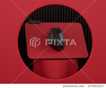 Wireless gaming computer mouse on cylinder podium with step on monochrome 103902825