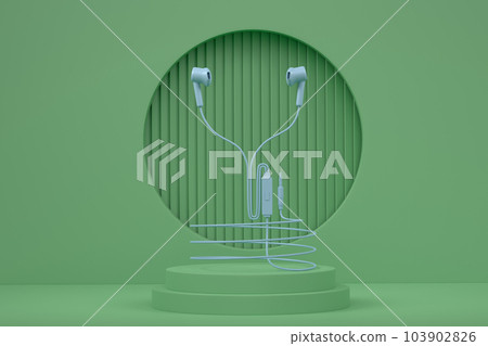 Realistic gaming headphones on cylinder podium with step on monochrome 103902826