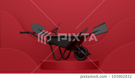 Garden wheelbarrow with garden tools on cylinder podium with step on monochrome Garden wheelbarrow with garden tools on cylinder podium with step on monochrome 103902832