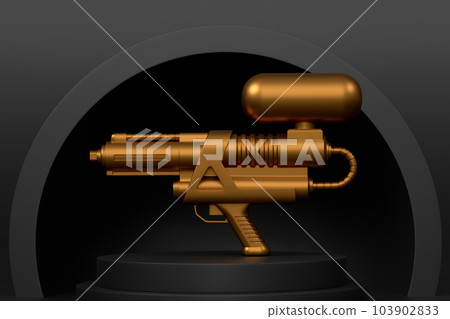 Plastic water gun toy on cylinder podium with step on monochrome Plastic water gun toy on cylinder podium with step on monochrome 103902833
