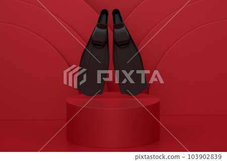 Diving flippers for snorkeling on cylinder podium with step on monochrome Diving flippers for snorkeling on cylinder podium with step on monochrome 103902839