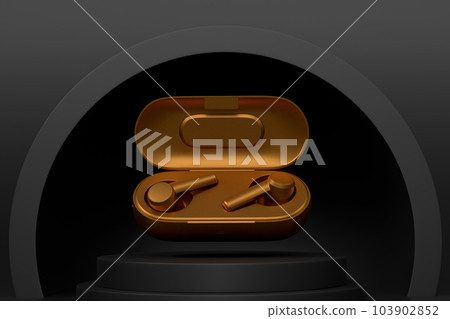 Realistic gaming headphones on cylinder podium with step on monochrome 103902852