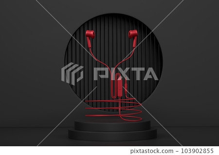 Realistic gaming headphones on cylinder podium with step on monochrome Realistic gaming headphones on cylinder podium with step on monochrome 103902855