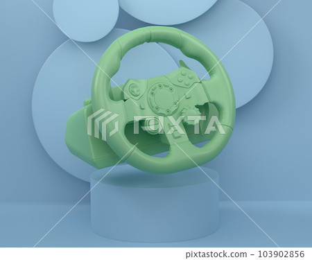 Realistic leather steering wheel on cylinder podium with step on monochrome 103902856