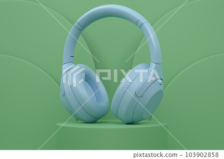 Realistic gaming headphones on cylinder podium with step on monochrome Realistic gaming headphones on cylinder podium with step on monochrome 103902858