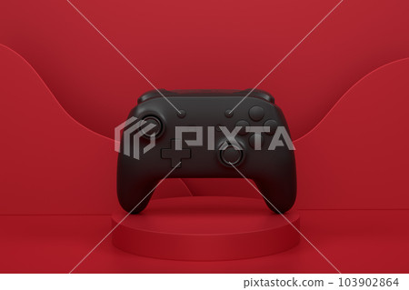Video game joystick on cylinder podium with step on monochrome 103902864