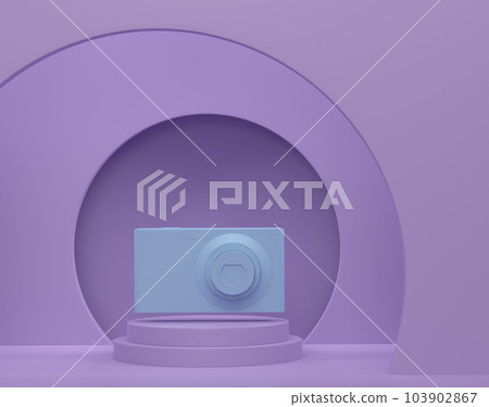 Compact pocket digital camera on cylinder podium with step on monochrome Compact pocket digital camera on cylinder podium with step on monochrome 103902867