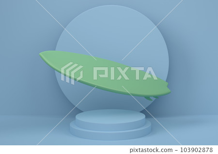 Surfboard for summer surfing on cylinder podium with step on monochrome 103902878