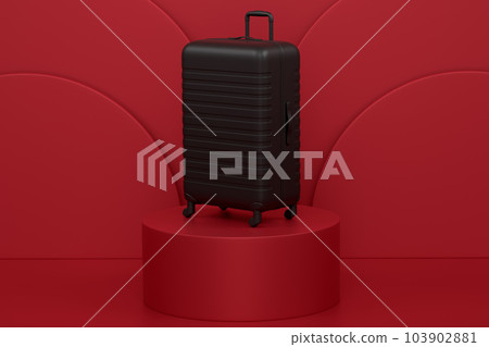 Polycarbonate suitcase on cylinder podium with step on monochrome Polycarbonate suitcase on cylinder podium with step on monochrome 103902881
