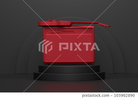 Amplifier with acoustic guitar on cylinder podium with step on monochrome Amplifier with acoustic guitar on cylinder podium with step on monochrome 103902890